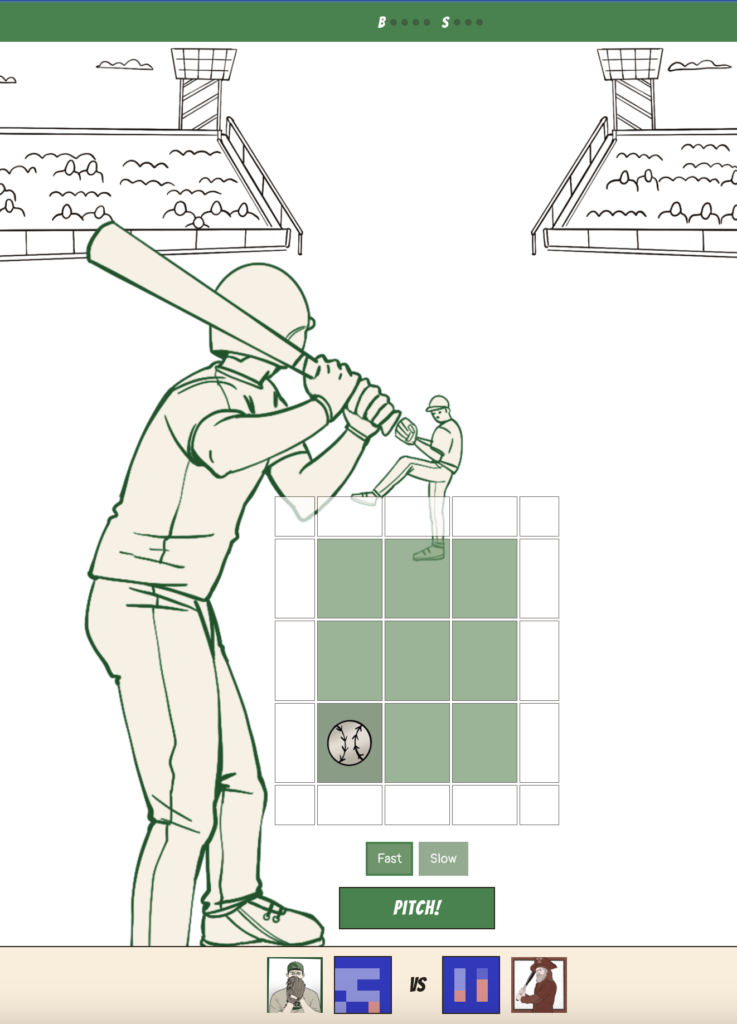 An image of a batter and pitcher in the Fullcount UI. The pitcher is selecting a low, inside pitch.